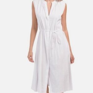 Vince Sleeveless Shirred Band Collar Linen Blend Midi Dress in White